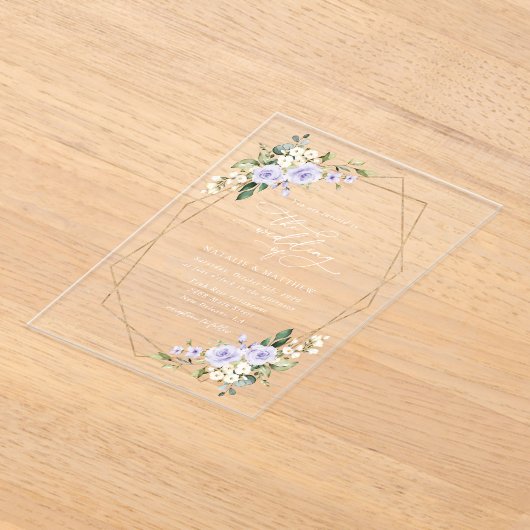 Paarse bloemen, witte bloemen, boho, bruiloft acryl uitnodigingen (Laagn)