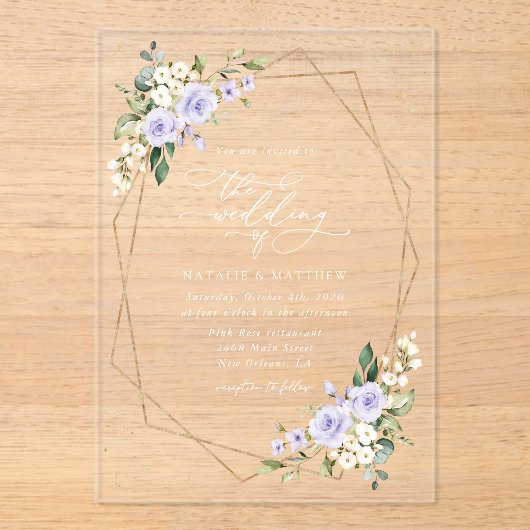 Paarse bloemen, witte bloemen, boho, bruiloft acryl uitnodigingen (Voorkant)