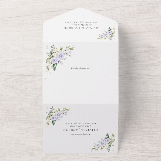 Paarse bloemen, witte bloemen, boho, bruiloft all in one uitnodiging (Buitenkant)