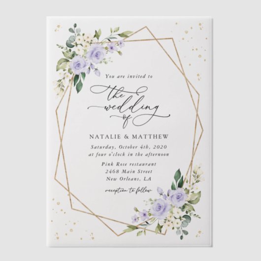 Paarse bloemen, witte bloemen, boho, bruiloft vellum uitnodigingen (Voorkant)