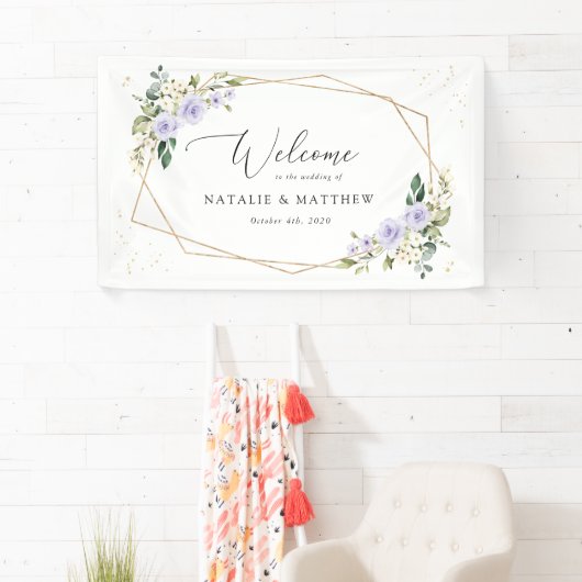 Paarse bloemen, witte bloemen, bruiloft welkom spandoek (Insitu)