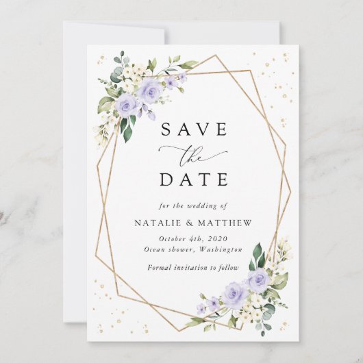 Paarse bloemen, witte bloemen, groen, bruiloft save the date (Voorkant)