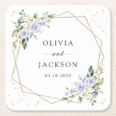 Paarse bloemen, witte bloemen, groen, bruiloft vierkante kartonnen onderzetter (Voorkant)