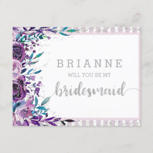 Paarse Bloemen & Zilver wordt je mijn bruidsmeisje Kaart