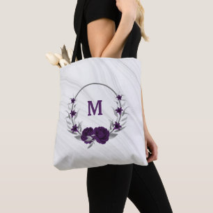 Paarse bloemen zilveren bladeren marmeren canvas t draagtas