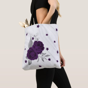 Paarse bloemen zilveren bladeren marmeren canvas t draagtas