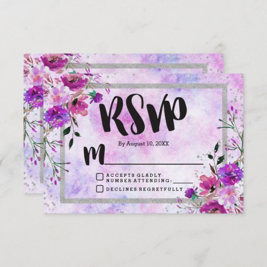 Paarse Bloemen & Zilveren Lijst Bruiloft RSVP Reac (Voorkant / Achterkant)