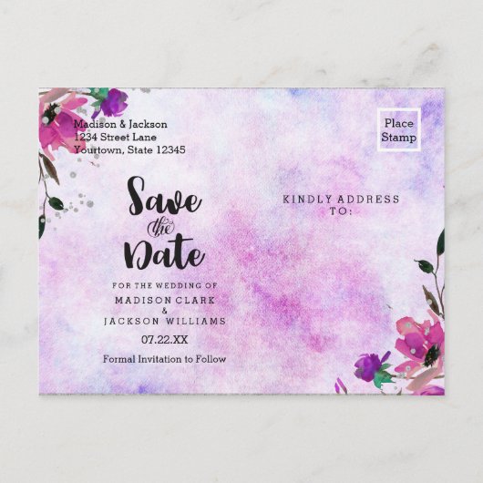 Paarse Bloemen & Zilveren Lijst Bruiloft Save the Aankondigingskaart (Achterkant)