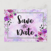 Paarse Bloemen & Zilveren Lijst Bruiloft Save the Aankondigingskaart (Voorkant)