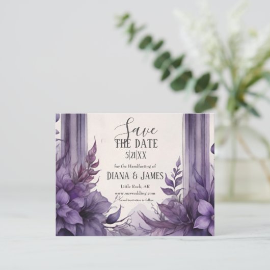 Paarse Bloemenboog Pagan Handfasten Save The Date (Staand voorkant)