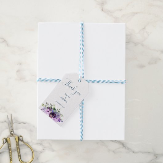 Paarse bloemenbruiloft dank u cadeaulabel (Met Touw)
