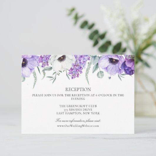 Paarse bloemenbruiloft online receptie informatiekaartje (Staand voorkant)