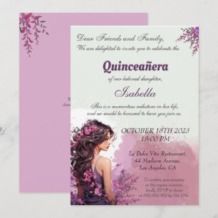 Paarse bloemenchique quinceanera uitnodiging