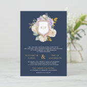 Paarse Bloemencode QR Code Crest Navy Blauwe Trouw Kaart (Staand voorkant)