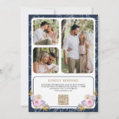 Paarse Bloemencode QR Code Crest Navy Blauwe Trouw Kaart (Achterkant)
