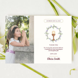 Paarse bloemencommunie Bedankt met foto Kaart