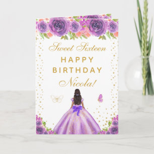 Paarse Bloemendek Donkere Huid Meisje Sweet Sixtee Kaart