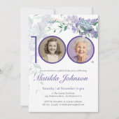 Paarse bloemenelegante aangepaste foto 100e verjaa kaart (Voorkant)