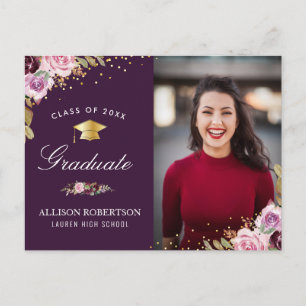 paarse bloemenfoto afstuderen aankondiging briefkaart