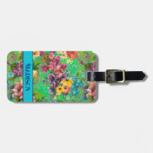  paarse bloemengroene patroonmonogram bagagelabel (Voorkant horizontaal)