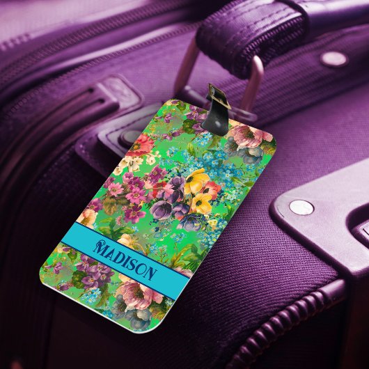  paarse bloemengroene patroonmonogram bagagelabel