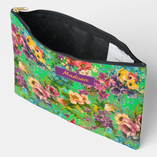 paarse bloemengroene patroonmonogram etui (Open)