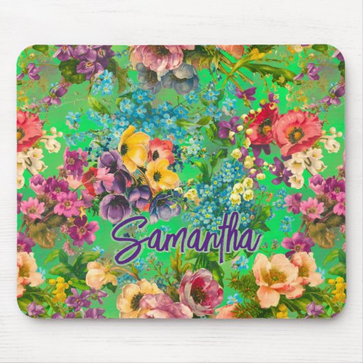 paarse bloemengroene patroonmonogram muismat (Voorkant)