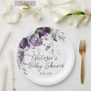 Paarse bloemenhart Elegant Baby shower Papieren Bordje