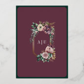 Paarse bloemenkam smaragd moslim bruiloft goud folie uitnodiging (Achterkant)