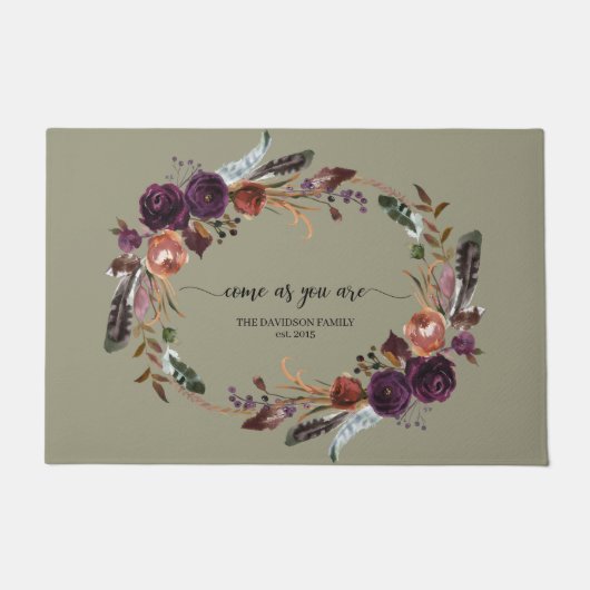 Paarse bloemenkrans komen als je welkom bent deurmat (Voorkant)