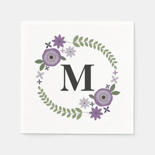 Paarse Bloemenkrans Monogram Trouwservetten Servetten (Voorkant)