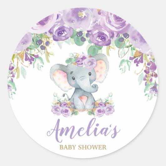 Paarse bloemenolifant Baby shower meisje gunst Ronde Sticker (Voorkant)