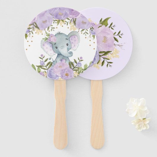 Paarse Bloemenolifant Baby shower Verjaardag Handwaaier (Voorkant en achterkant)