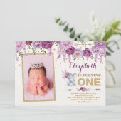 Paarse bloemenolifant eerste 1e verjaardag kaart (Staand voorkant)