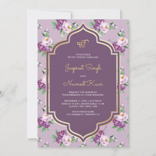 Paarse bloemenpatroon Anand Karaj Sikh bruiloft Kaart (Voorkant)