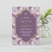 Paarse bloemenpatroon Anand Karaj Sikh bruiloft Kaart (Staand voorkant)