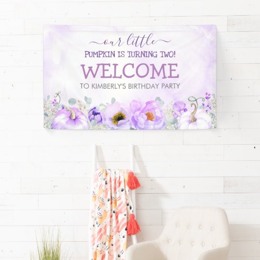 Paarse Bloemenpompoenen Herfst Verjaardagsfeest We Spandoek (Insitu)