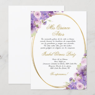Paarse bloemenquinceanera uitnodiging in het Spaan
