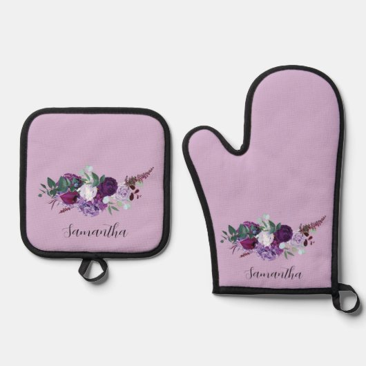 Paarse bloemenschrift Modern Ovenwant & Pannenlap Set (Voorkant)