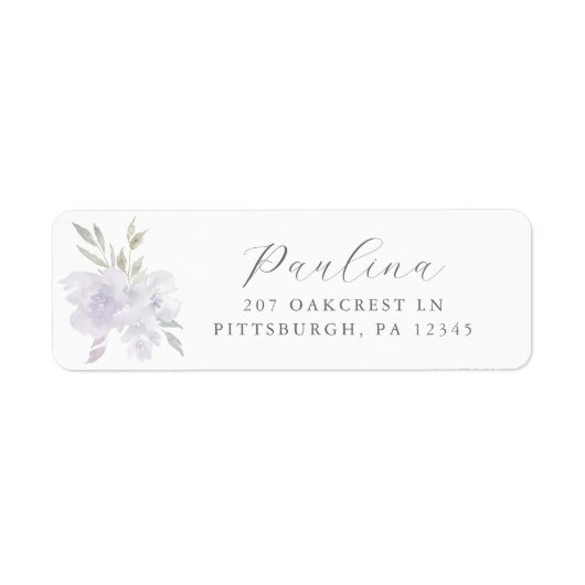 Paarse bloemenscript retour adres label (Voorkant)