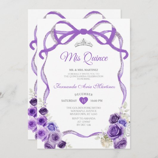 Paarse bloemenslinger lint zilveren kroon Mis Quin Kaart (Voorkant / Achterkant)