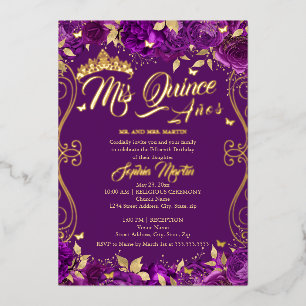 Paarse Bloementuin Goud Mis Quince Quinceanera Folie Uitnodiging