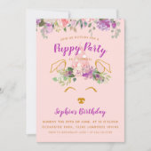 Paarse Bloementuin Puppy Party Verjaardag Goud Kaart (Voorkant)