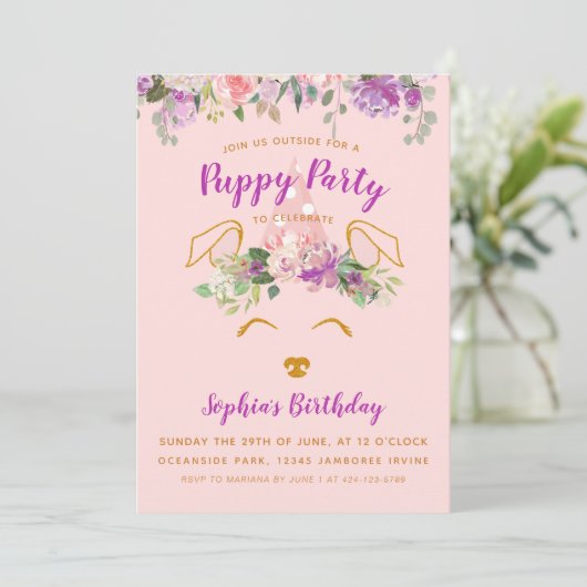 Paarse Bloementuin Puppy Party Verjaardag Goud Kaart (Staand voorkant)