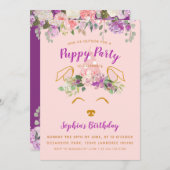 Paarse Bloementuin Puppy Party Verjaardag Goud Kaart (Voorkant / Achterkant)