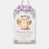 Paarse Bloemenuil 1e Verjaardagsfeestje Dank u Cadeaulabel (Voorkant)