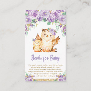 Paarse Bloemenuil Baby shower Breng een boek Informatiekaartje