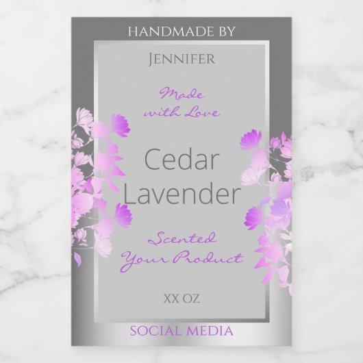 Paarse bloemenverpakkingsetiketten grijs zilver voedselcontainer etiket (Enkel label)