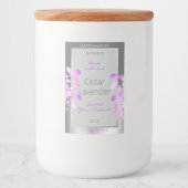 Paarse bloemenverpakkingsetiketten grijs zilver voedselcontainer etiket (Voorkant)