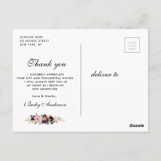 paarse bloemenverpleegschool afstuderen Dank u Briefkaart (Achterkant)